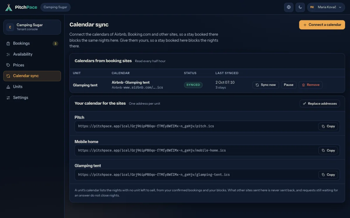 The Calendar sync screen: a connected Airbnb calendar and the calendar address of each unit