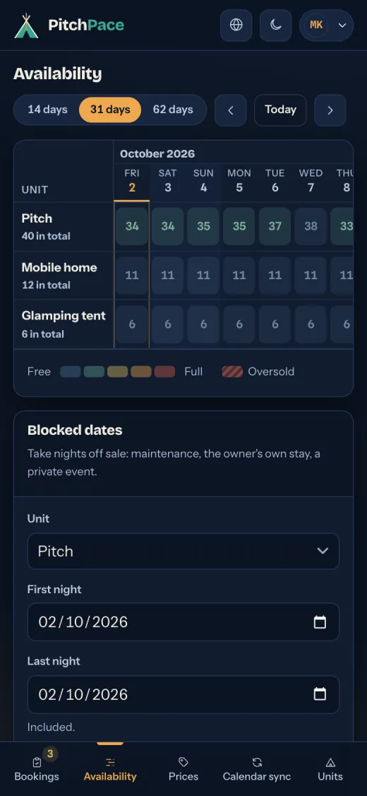 The Availability screen on a phone