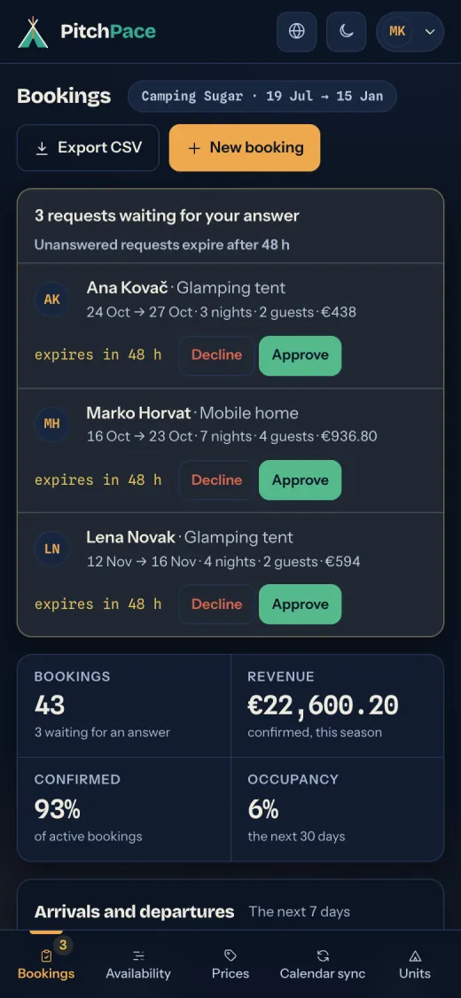 The Bookings screen on a phone
