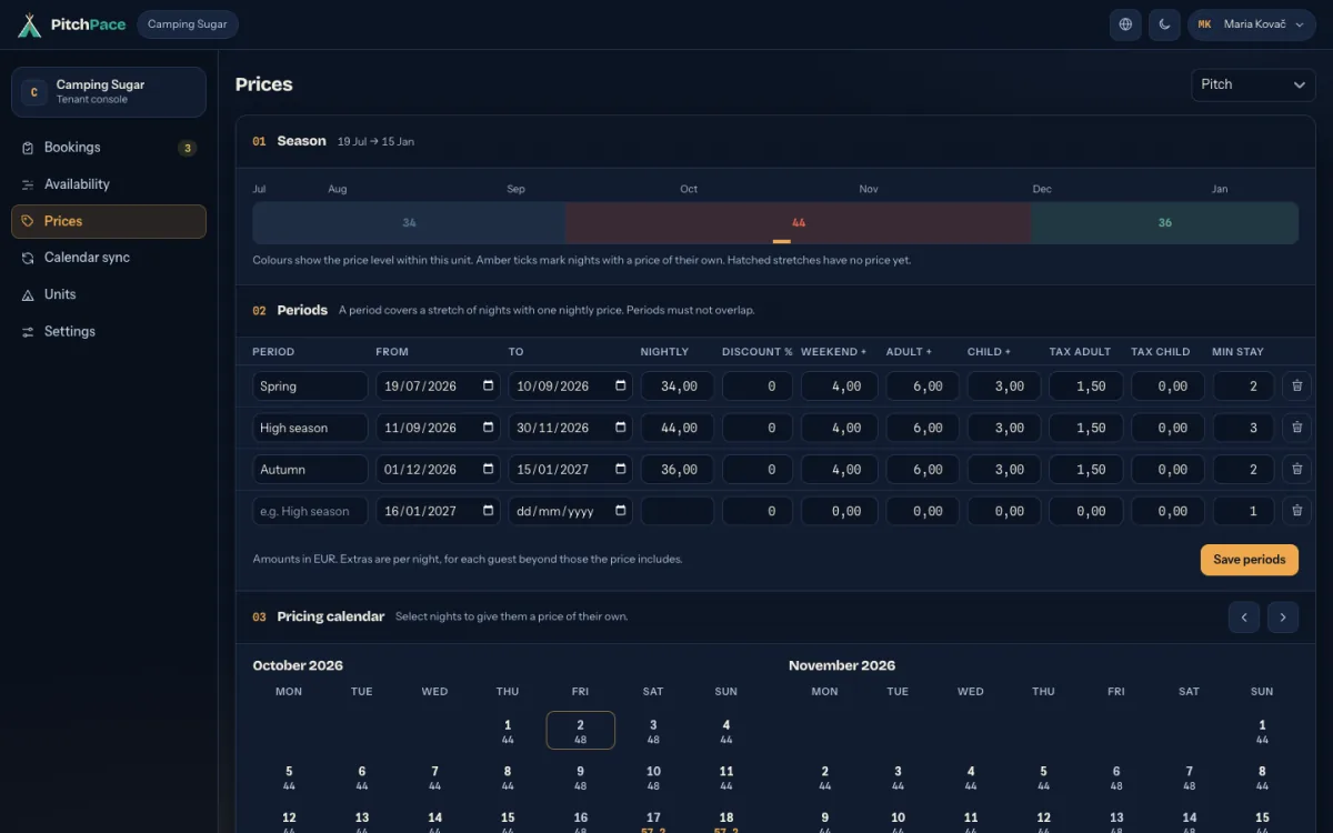 The Prices screen: a season timeline, price periods and a pricing calendar